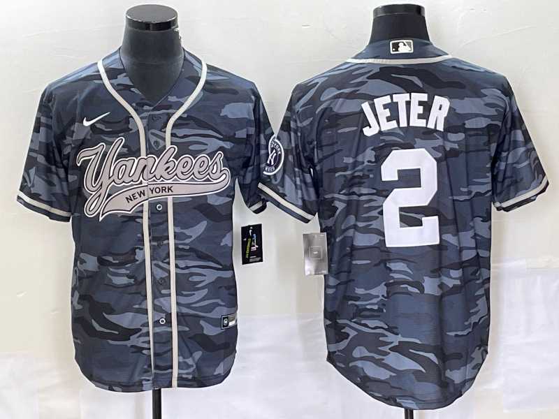 Men%27s New York Yankees #2 Derek Jeter Grey Camo Cool Base With Patch Stitched Baseball Jersey